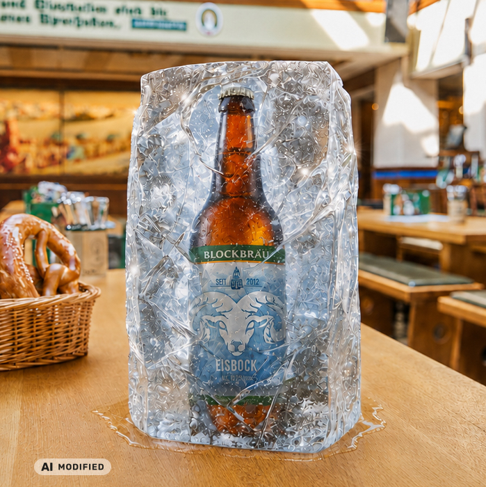 Blockbräu Eisbock-Verkostung Flasche Blockbräu Eisbock in einem Eisblock auf einem Tisch im Blockbräu